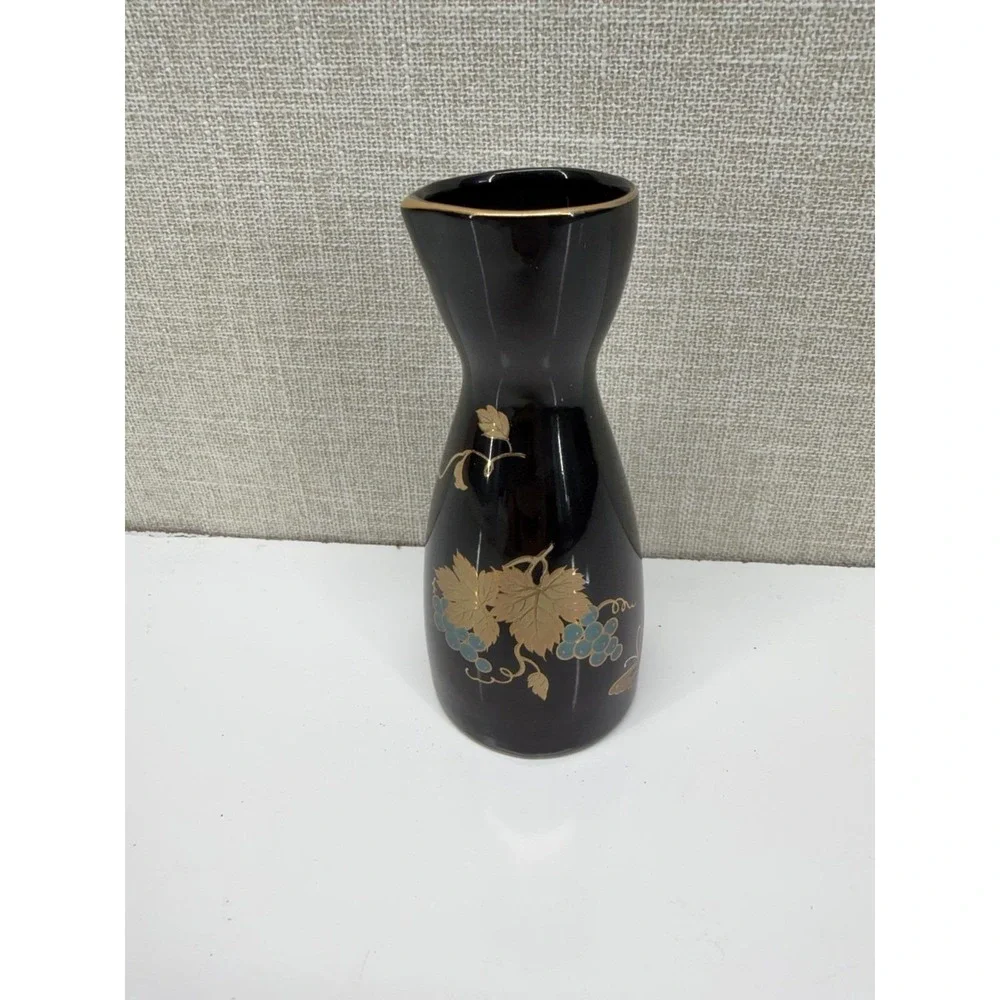 Vintage MCI Japan Black Vase Gold Grape Design‎ Mid Century Ceramic
